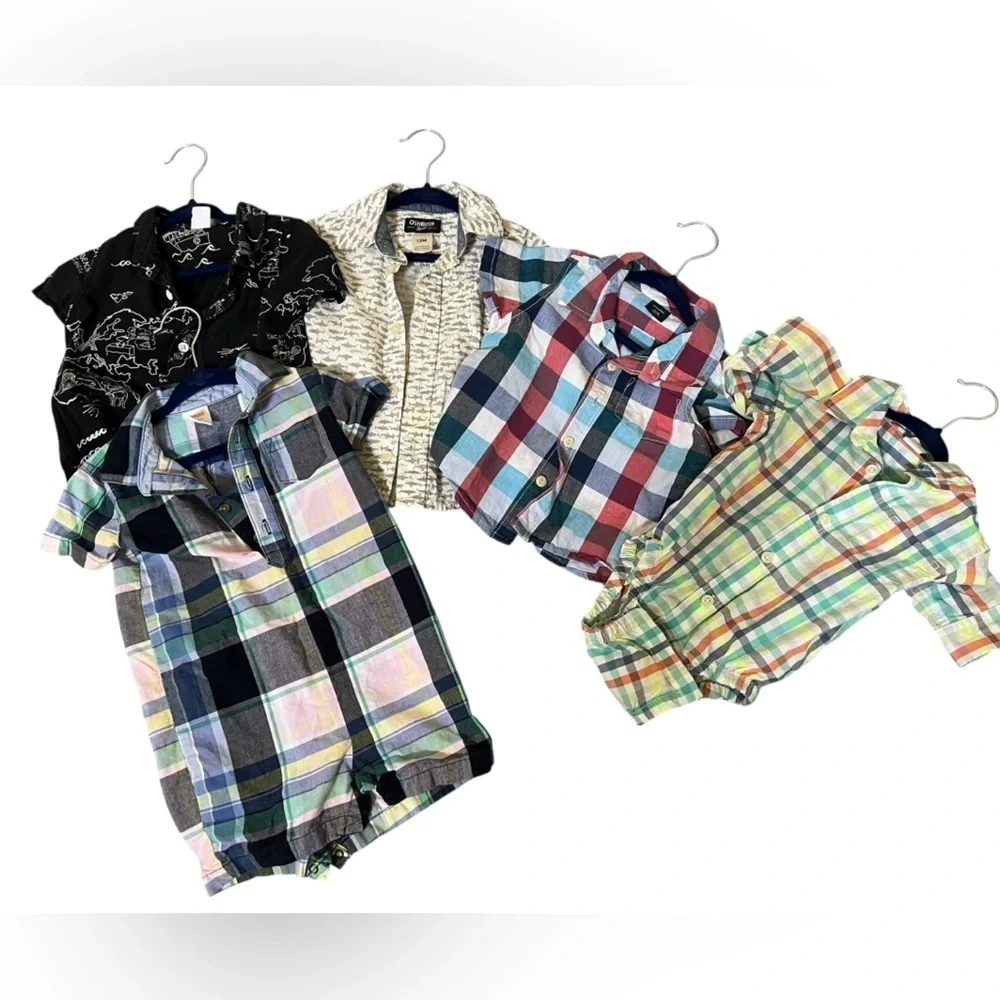 12mo Set of 3 short button t-shirts, romper, long sleeve onesie - plaid & sea